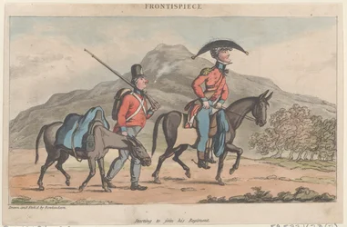 Frontispice : Commence à rejoindre son régiment, des Aventures militaires de Johnny Newco..., 1815