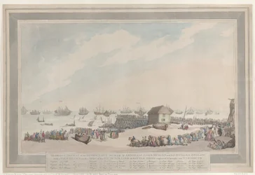 « La glorieuse défaite de la marine néerlandaise, le 10 octobre 1797, par les amiraux Lord Duncan et Sir Richard Onslow, avec une vue dessinée sur place des six navires de ligne néerlandais capturés et ramenés à Yarmouth »