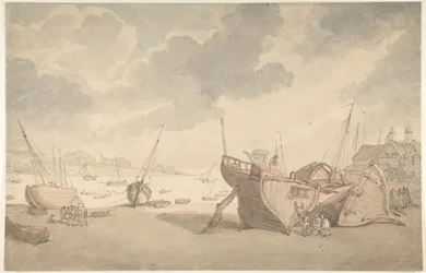 Scène portuaire à marée basse, avec des bateaux échoués sur la plage