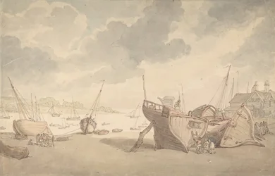 Scène de port à marée basse, avec des bateaux échoués