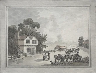 Chevaux et charrettes sur une route de campagne