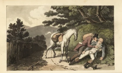 Johnny aidant un voyageur qui a été jeté de son cheval. Gravure à la main par Thomas Rowlandson tirée de The History of Johnny Quae Genus de William Combe, le petit trouvé du défunt docteur Syntax