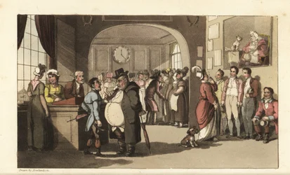 Johnny cherchant du travail dans un bureau de placement pour domestiques. Hommes et femmes avec des monocles examinant des porteurs, des femmes de chambre et d