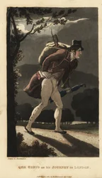 Johnny marchant sur la route éclairée par la lune vers Londres. Il a un sac à dos avec un violon, un livre dans la poche de son manteau et porte un parapluie. Gravure à la main en cuivre par Thomas Rowlandson tirée de The History of Johnny Quae Genus de Wi