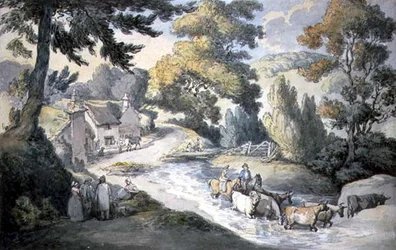 Paysage avec bétail traversant un ruisseau