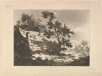 Paysage avec une petite maison nichée parmi les arbres à gauche et le clocher d
