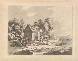 Paysage avec des figures stockant du foin dans une grange, une charrette et un cheval allongé à gauche, 1783-84