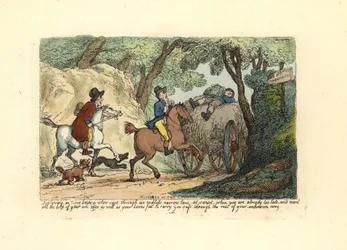 Homme à cheval derrière une charrette lente sur une voie étroite