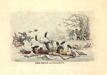 Hommes et femmes patinant sur de la glace mince et tombant dans une rivière glacée