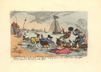 Passagers glissant et tombant dans la boue de la rivière
