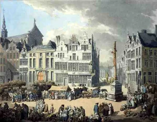 Place de Mier à Anvers, gravé par Wright et Schutz, publié par Rudolph Ackermann
