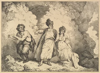 Scène de La Tempête : Caliban, Prospero et Miranda