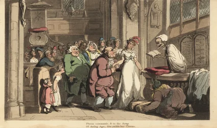 Le squelette de la Mort en tant que prêtre célébrant le mariage entre une jeune femme et un vieil homme laid. Gravure à la main par Thomas Rowlandson de « The English Dance of Death », Ackermann, Londres