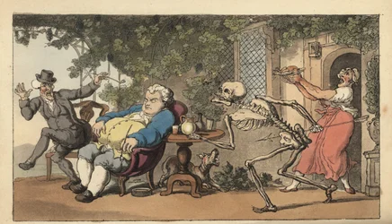 Le squelette de la Mort vient chercher Tom Higgins, un jeune maçon mort en attendant un plat devant une auberge. Gravure sur cuivre coloriée à la main, dessinée et gravée par Thomas Rowlandson, tirée de The English Dance of Death, Ackermann, Londres