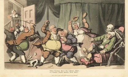 Le squelette de la Mort vient chercher un homme malade tandis que trois médecins charlatans se battent, et une servante les attaque avec des bassines de lit dans la Chambre de Guerre. Gravure à la main par Thomas Rowlandson de « The English Dance of Death 