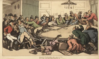 Le squelette de la Mort combat avec des gentlemen joueurs dans la salle de Chance d