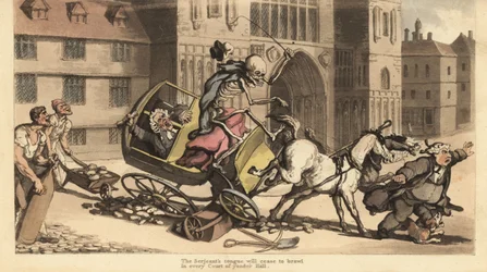 Le squelette de la Mort en manteau et bonnet conduit un attelage de deux chevaux qui s