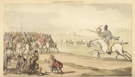 Le squelette de la Mort chevauche avec un homme vers le poteau de pari sur une piste de course, tandis que des enfants jouent à un jeu de loto. Gravure à la main en cuivre dessinée et gravée par Thomas Rowlandson de The English Dance of Death, Ackermann, L