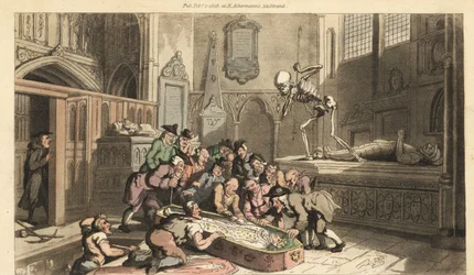 Le squelette de la Mort regarde les antiquaires exhumer le cadavre d