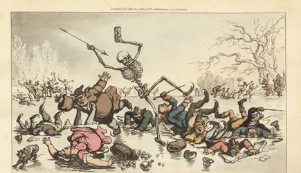 Le squelette de la Mort avec dard et sablier patinant sur un étang gelé tandis que d