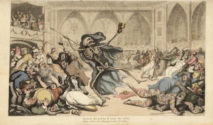 Le squelette de la Mort avec sa flèche provoque une émeute parmi les arlequins, jockeys, nonnes, Turcs et fous lors d
