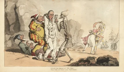 Le squelette de la Mort avec un sablier et une fléchette vient pour un Pierrot et d