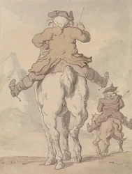 Deux hommes à cheval, vus de dos