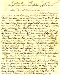 Lettre signée T.S. Hawley, Hôpital 11e Infanterie du Missouri, Camp Fremont, Cape Girardeau, à la famille, 9 février 1862