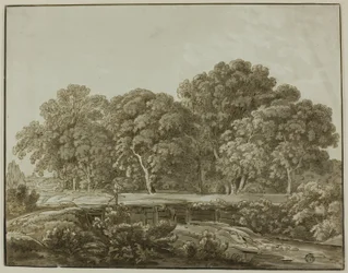 Paysage avec figure traversant un pont sur un ruisseau