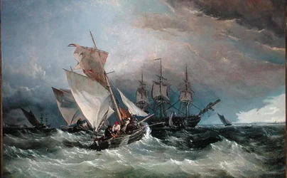 Chalutiers de crevettes au large du Nore, Sheerness au loin, vers 1854