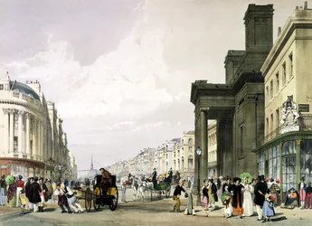 Regent Street vers le Quadrant avec la chapelle Hanover au premier plan et les promeneurs, 1842