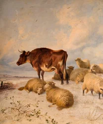 Vaches et moutons dans un paysage enneigé, 1864