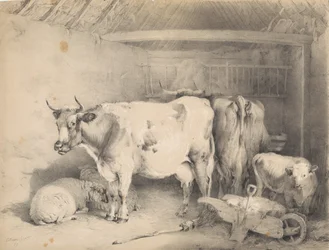 Moutons et bovins dans une grange