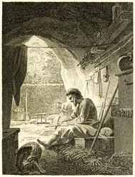 Robinson Crusoé travaillant dans sa grotte de La vie et les aventures surprenantes de Robinson Crusoé, marin de York par Daniel Defoe