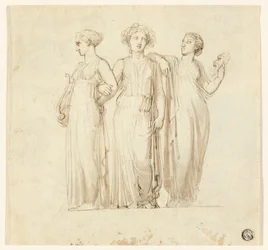 Trois muses (recto) ; Étude de chevalier et moine pour une illustration dans un roman gothique (verso)