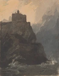 Château sur une falaise, avec une mer orageuse et un naufrage à la base de la falaise