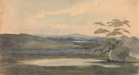 Paysage avec arbres et montagnes, lac au premier plan
