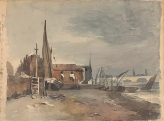 Scène de rivage avec bâtiments et bateaux