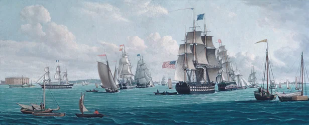 Le navire américain Franklin, avec une vue de la baie de New York, années 1820 ou 1830
