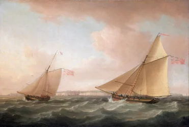 Un yacht du British Lighthouse Service et un Revenue Cutter (voilier armé pour la lutte contre la contrebande), au large de Ramsgate (Angleterre)
