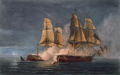 Capture du Thetis par le HMS Amethyst, 10 novembre 1808, gravé par T. Sutherland pour 