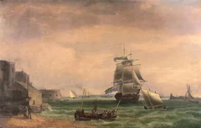 Navires de guerre et petites embarcations dans le port de Portsmouth, fin du XVIIIe ou début du XIXe siècle