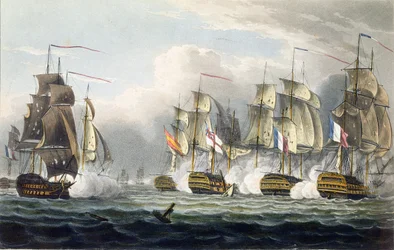 Situation du HMS Bellerophon après la mort de son commandant le capitaine Cooke à la bataille de Trafalgar, 21 octobre 1805, gravé par T. Sutherland pour 