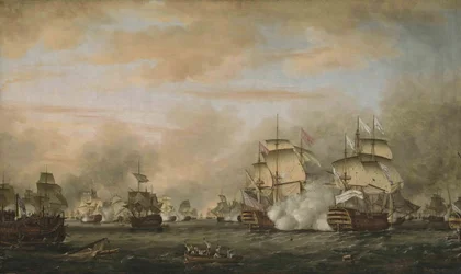La bataille des Saintes, 12 avril 1782. HMS Barfleur attaquant le vaisseau amiral français Ville de Paris