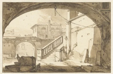 Vue à travers une arche sur une cour intérieure italienne
