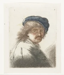 Autoportrait avec un bonnet et une écharpe, visage sombre : buste