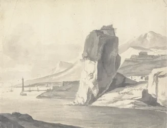 Une scène côtière (italienne) avec brise-lames, hautes falaises et un fort