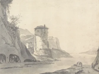 Un village dans une crique rocheuse (italienne ?) avec une tour ronde sur la rive gauche