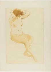 Femme se coiffant, vue de trois quarts