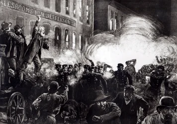 Émeute anarchiste à Chicago : une bombe dynamite explosant parmi les policiers, de 